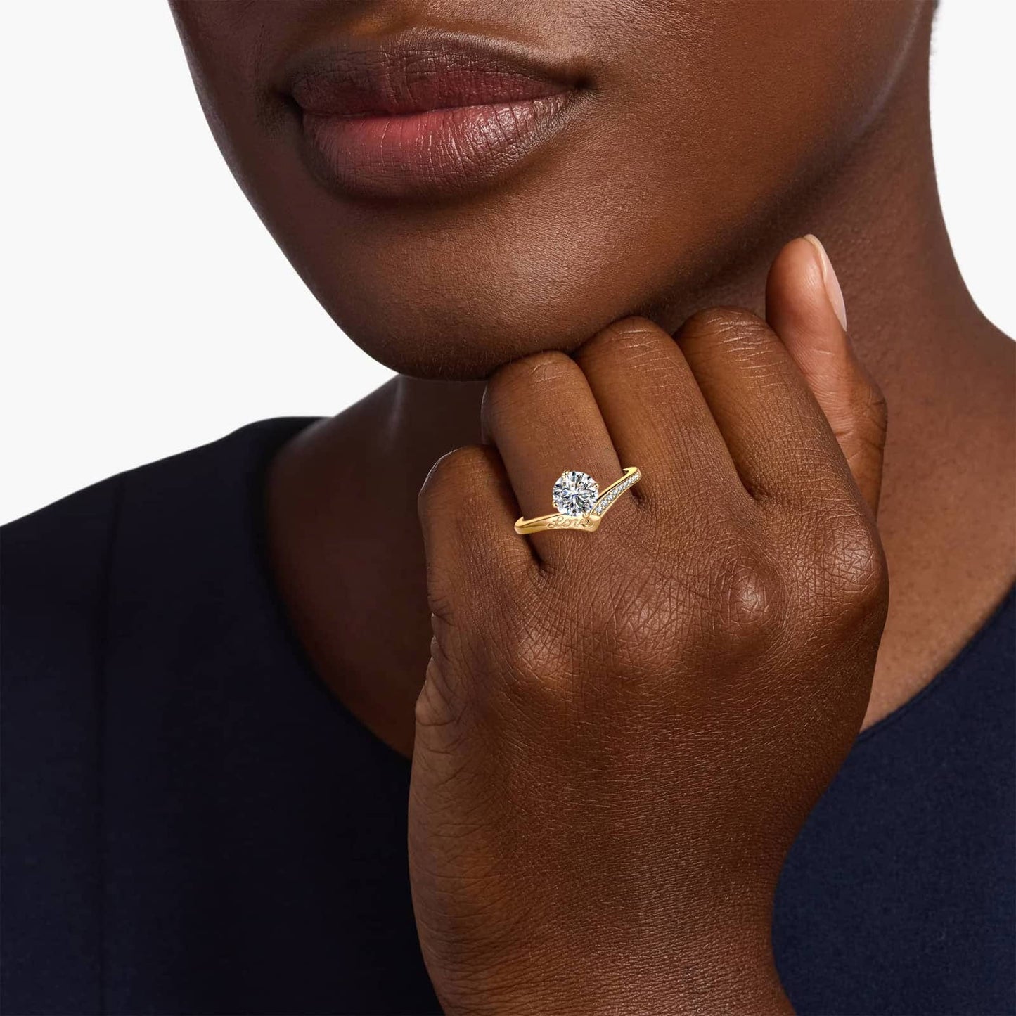 Sterling Slilver Hidden Halo Classic Engagement Ring 14K Yellow Gold Plated - Lab-Certified Round Brilliant Cut Moissanite (Includes GRA Certification from Gemological Research Association)