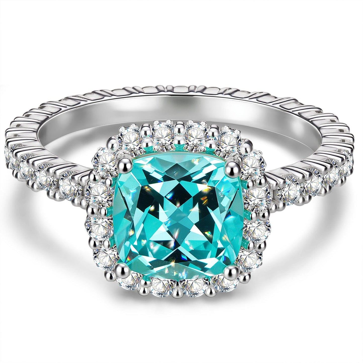 Cushion Cut Electric Lagoon Hue Lab-Certified Paraiba Tourmaline - Halo Classic Engagement Ring White Gold Plated (Includes GRC Certification from Gemstone Research Center)