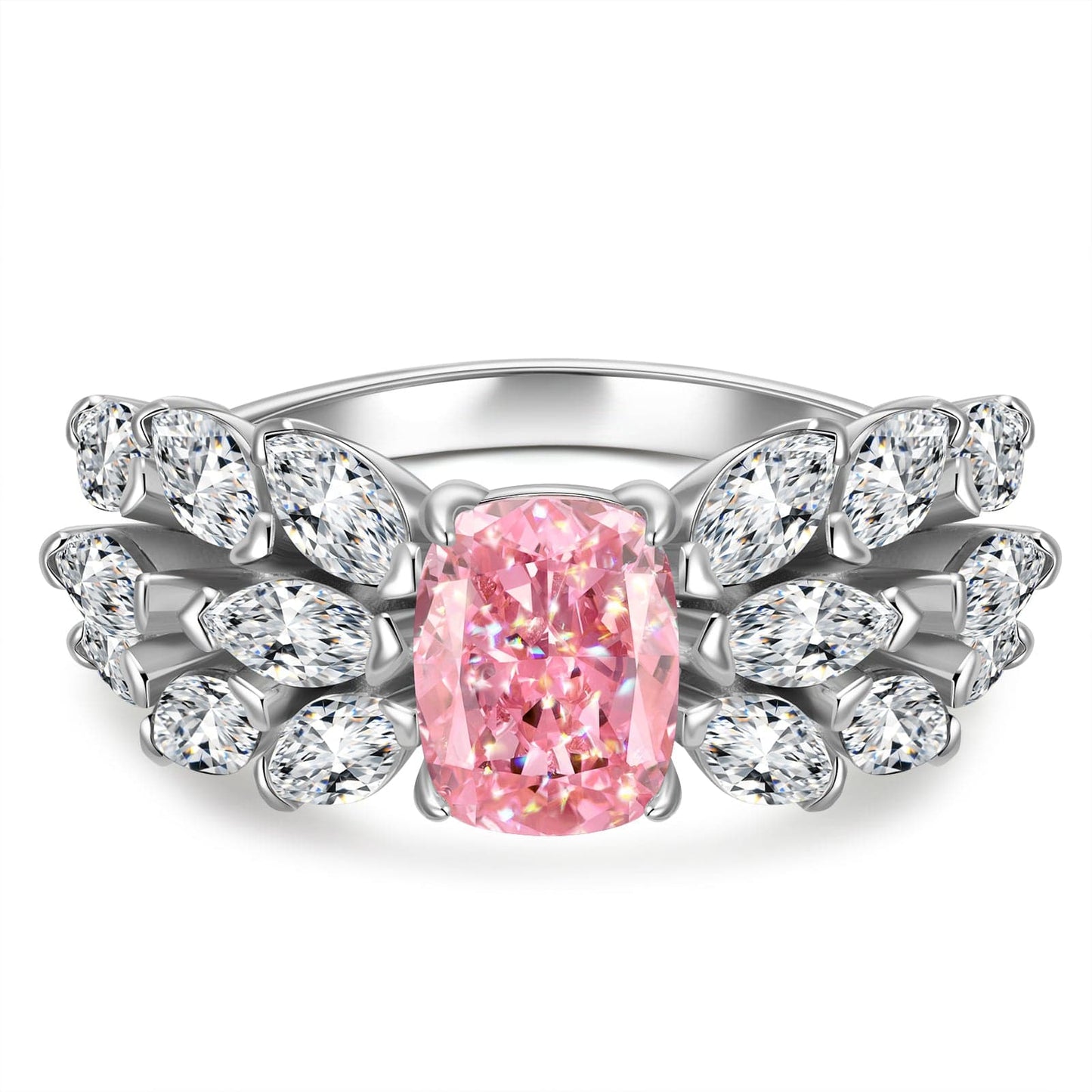6*8mm Cushion Modified Brilliant Cut Fancy Vivid Pink Ice-Frosted Sparkle Lab Zircon - Pave Classic Engagement Ring White Gold Plated