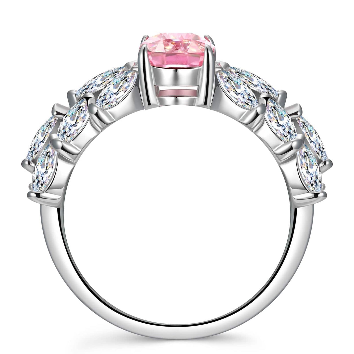 6*8mm Cushion Modified Brilliant Cut Fancy Vivid Pink Ice-Frosted Sparkle Lab Zircon - Pave Classic Engagement Ring White Gold Plated