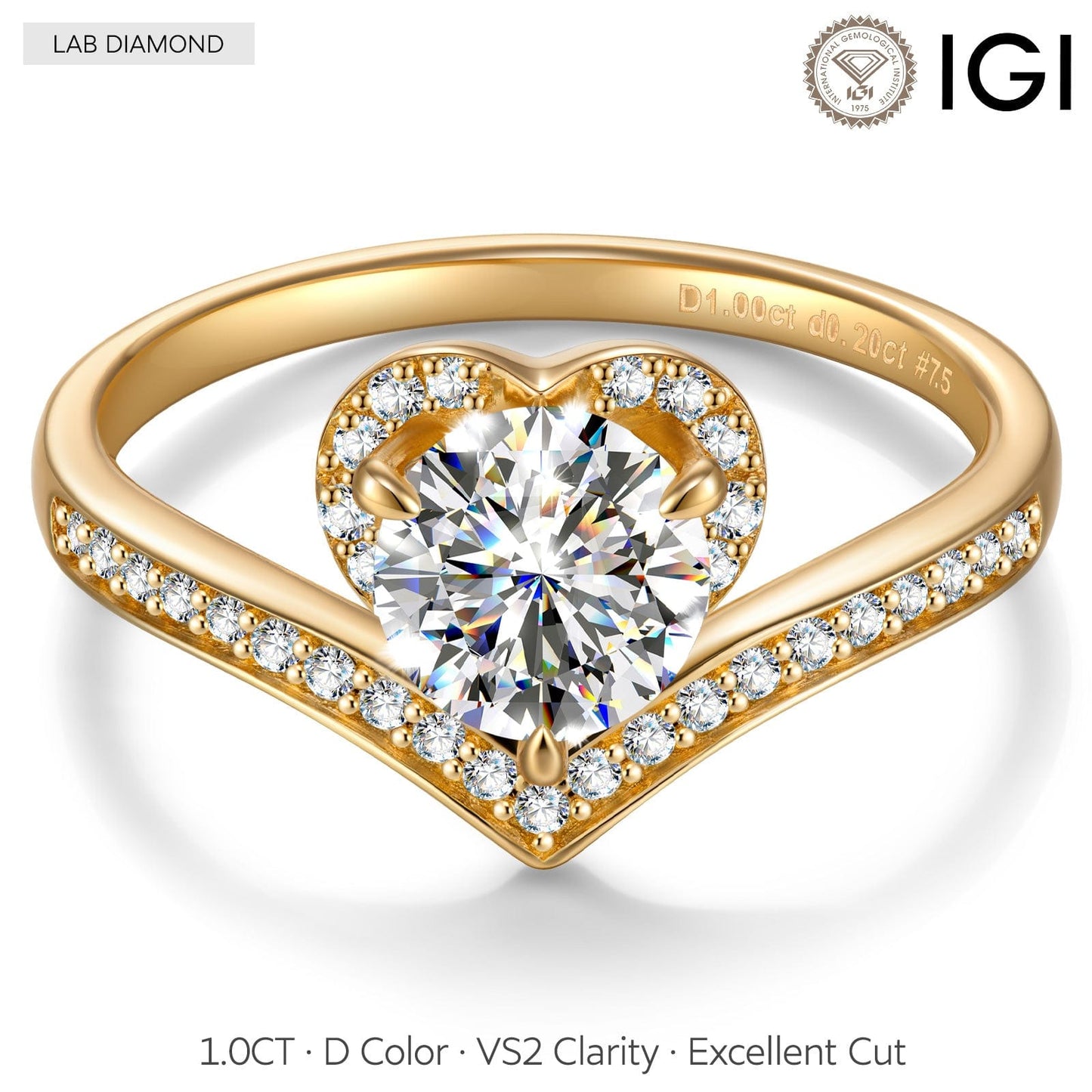 IGI Certified Lab-Grown Round Brilliant Cut Diamond - Pave Classic Engagement Ring 14K Yellow Gold Plated (Includes IGI Certification from International Gemological Institute)