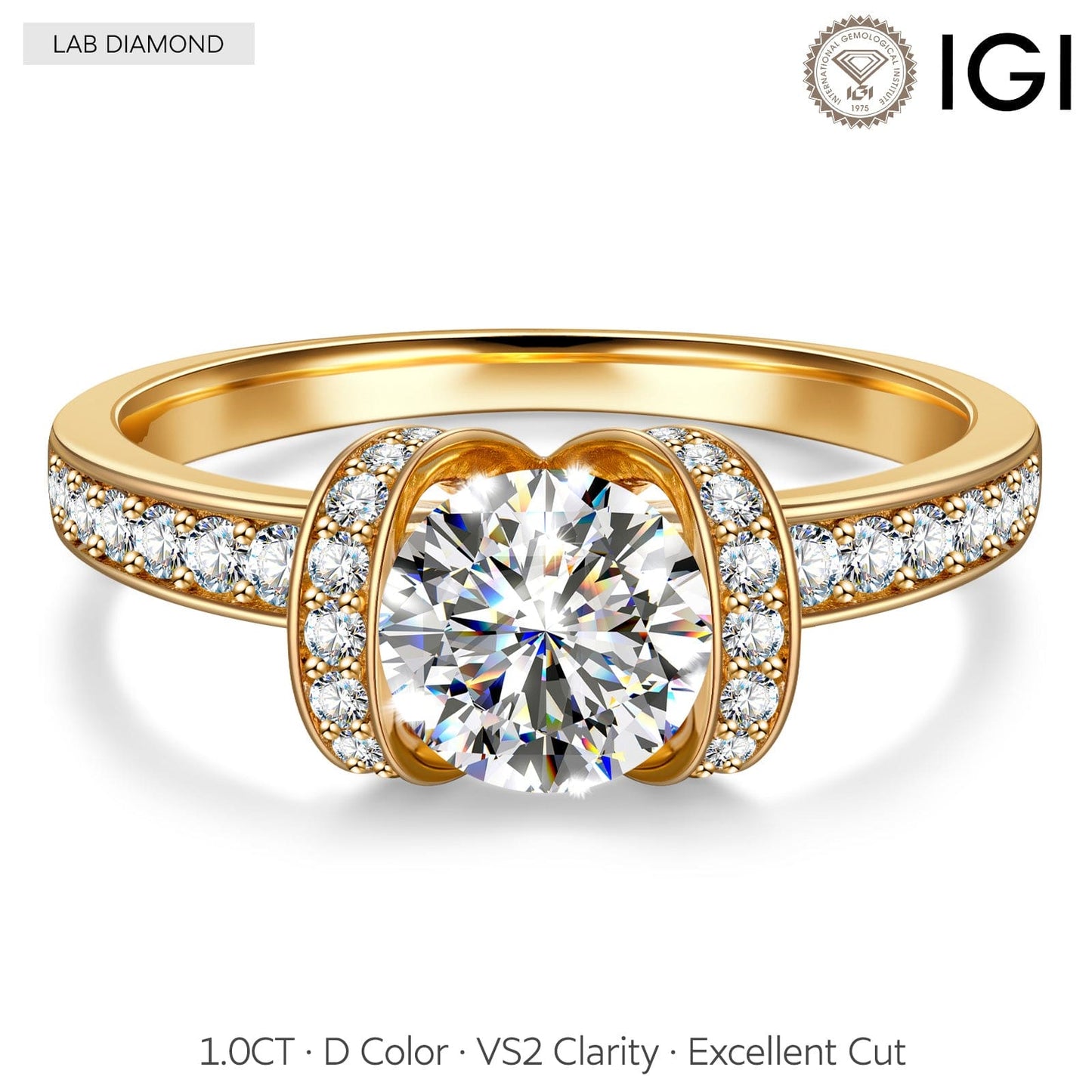 IGI Certified Lab-Grown Round Brilliant Cut Diamond - Halo Classic Engagement Ring 14K Yellow Gold Plated (Includes IGI Certification from International Gemological Institute)