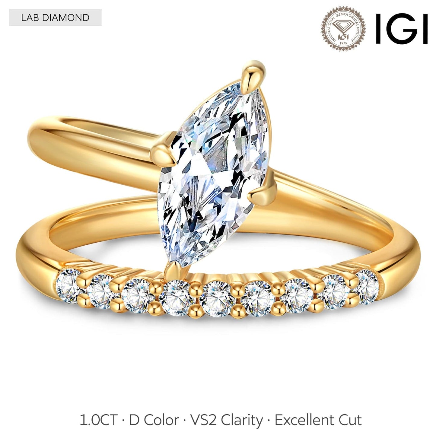 IGI Certified Lab-Grown Marquise Brilliant Cut Diamond - Pave Classic Engagement Ring 14K Yellow Gold Plated (Includes IGI Certification from International Gemological Institute)