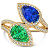 1.80 ct Lab-Grown Pear Brilliant Cut Blue Sapphire and 1.10 ct Lab-Grown Pear Brilliant Cut Emerald - Two Stone Classic Engagement Ring 14K Yellow Gold Plated (Includes GRC Certification from Gemstone Research Center)