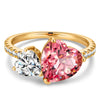 Heart Brilliant Cut Fancy Vivid Sunset Peach Hue Lab-Certified Padparadscha Sapphire and Heart Brilliant Cut Lab-Certified Moissanite - Two Stone Classic Engagement Ring 14K Yellow Gold Plated (Includes GRC Certification from Gemstone Research Center)
