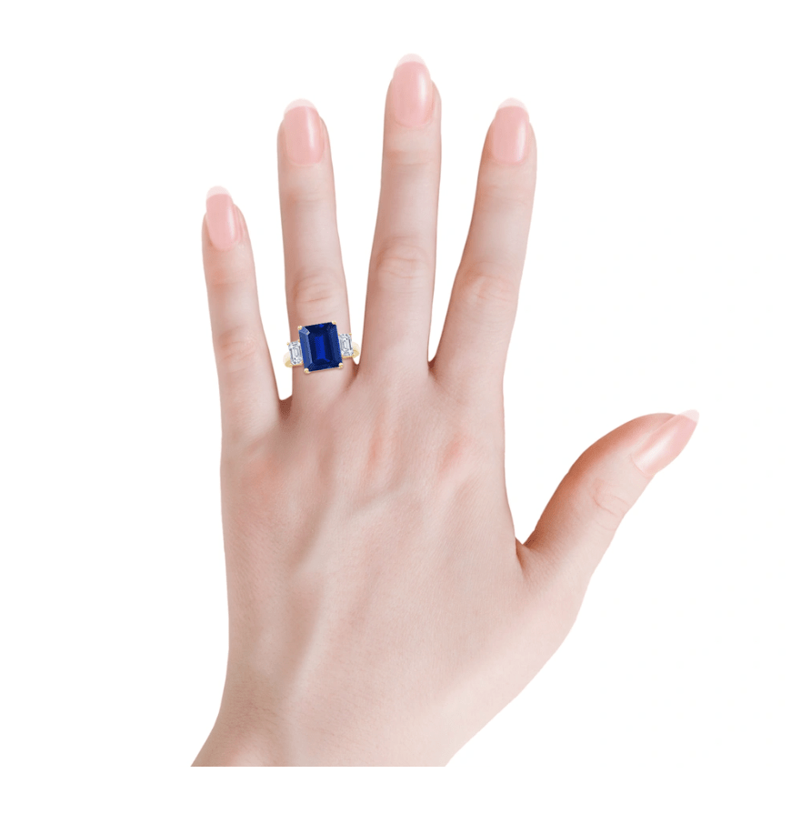 Emerald-Cut 5.5CT Royal Blue Lab-Grown Sapphire Engagement Ring – Three Stone Classic Design with Moissanite Side Stones, 14K Yellow Gold Plated on Tarnish-Resistant Silver(Includes GRC Certification from Gemstone Research Center)