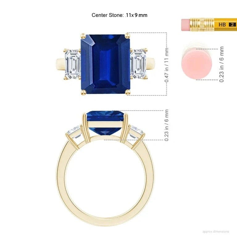 Emerald-Cut 5.5CT Royal Blue Lab-Grown Sapphire Engagement Ring – Three Stone Classic Design with Moissanite Side Stones, 14K Yellow Gold Plated on Tarnish-Resistant Silver(Includes GRC Certification from Gemstone Research Center)