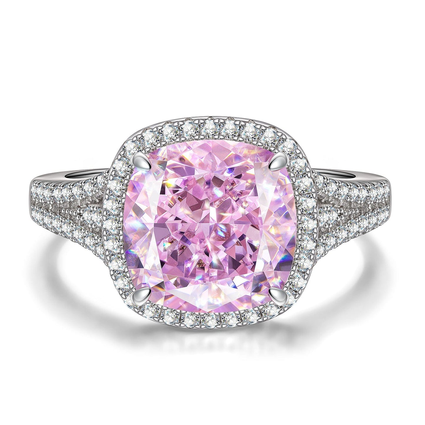Sterling Silver Halo Classic Engagement Ring - Cushion Modified Brilliant Cut Fancy Vivid Pink Ice-Frosted Sparkle Lab Zircon