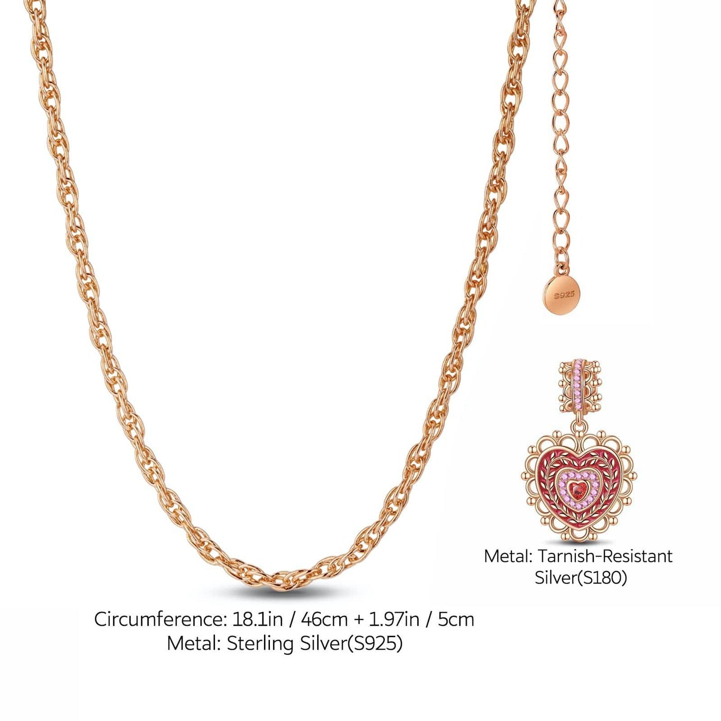 Sterling Silver Crowned With Love Charms Necklace Set With Enamel In Rose Gold Plated