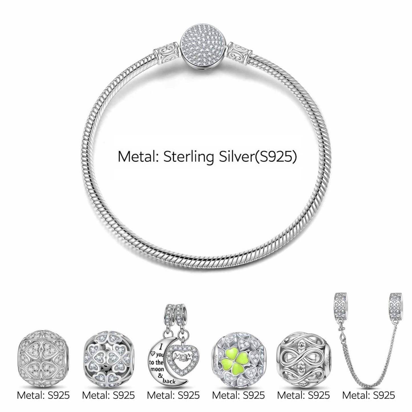 Sterling Silver Love and Luck Charms Bracelet Set With Enamel In White Gold Plated (Includes bracelet and all charms shown)