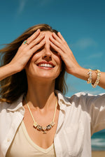 Sterling Silver Maritime Beauty Rectangular Charms Necklace Set In 14K Gold Plated