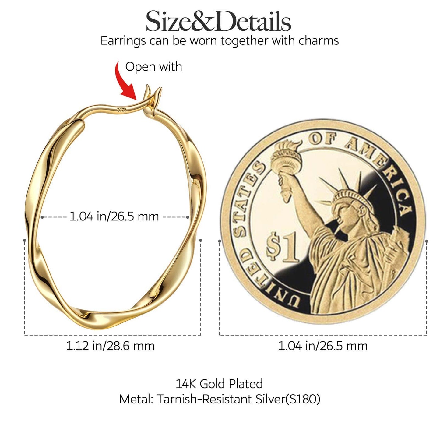 Flight Around The Equator Tarnish-resistant Silver Charms Earrings Set M Size Classic Hoop Earrings with Sterling Silver Ear Post With Enamel In 14K Gold Plated