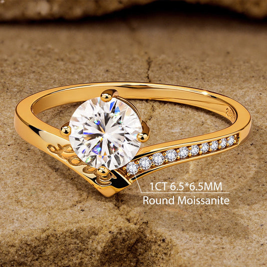 gona- Sterling Slilver Hidden Halo Classic Engagement Ring 14K Yellow Gold Plated - Lab-Certified Round Brilliant Cut Moissanite (Includes GRA Certification from Gemological Research Association)