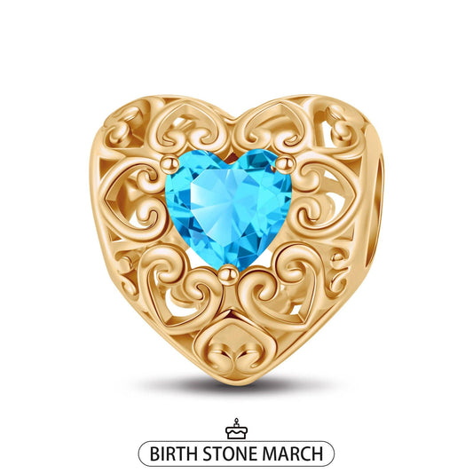 gona- March Golden Love Heart Birthstone Tarnish-resistant Silver Charms In 14K Gold Plated