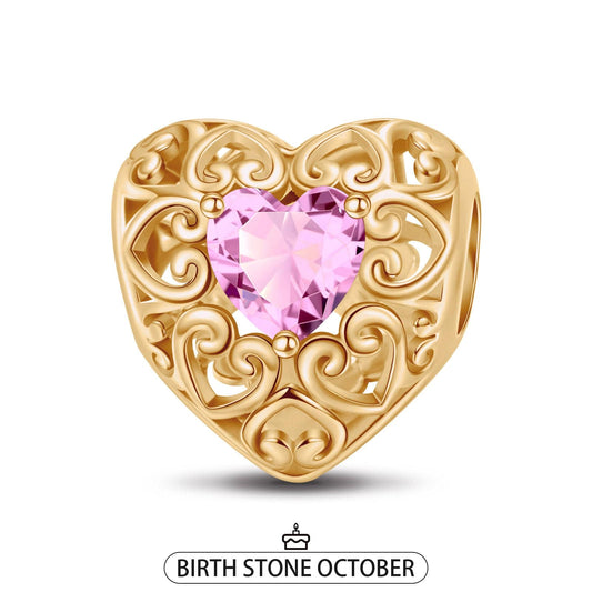 gona- October Golden Love Heart Birthstone Tarnish-resistant Silver Charms In 14K Gold Plated