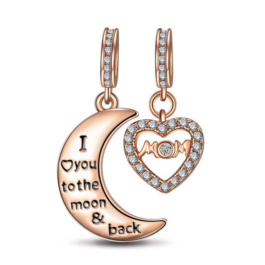 gona- Sterling Silver Moon & Love To Mom Dangle Charms With Enamel In Rose Gold Plated