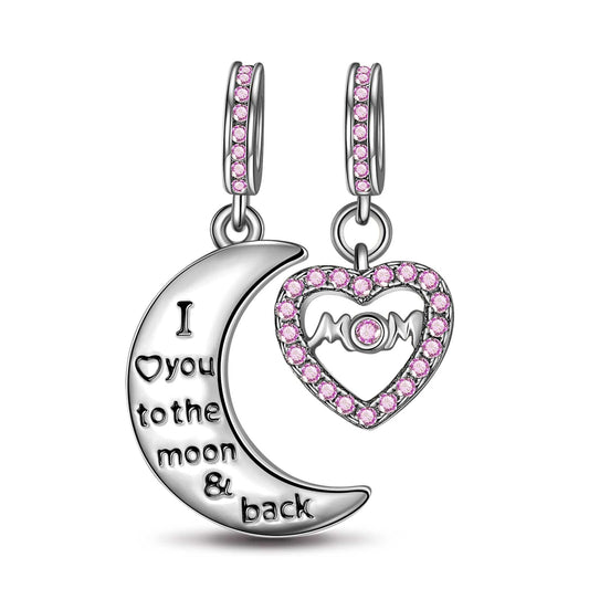 gona- Sterling Silver Moon & Love To Mom Pink Dangle Charms With Enamel In White Gold Plated
