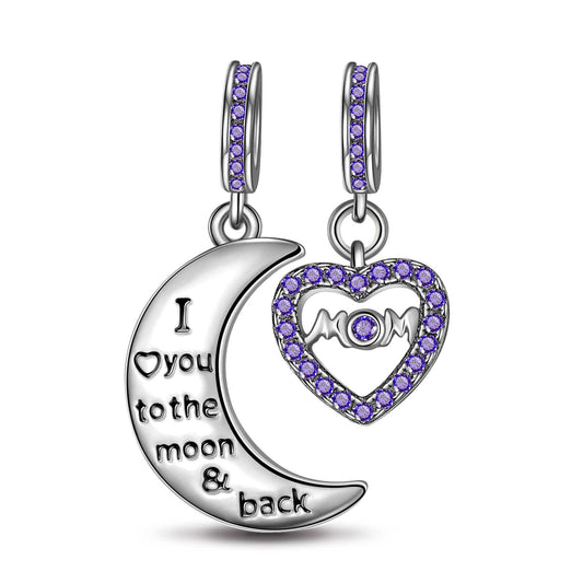 gona- Sterling Silver Moon & Love To Mom Purple Dangle Charms With Enamel In White Gold Plated