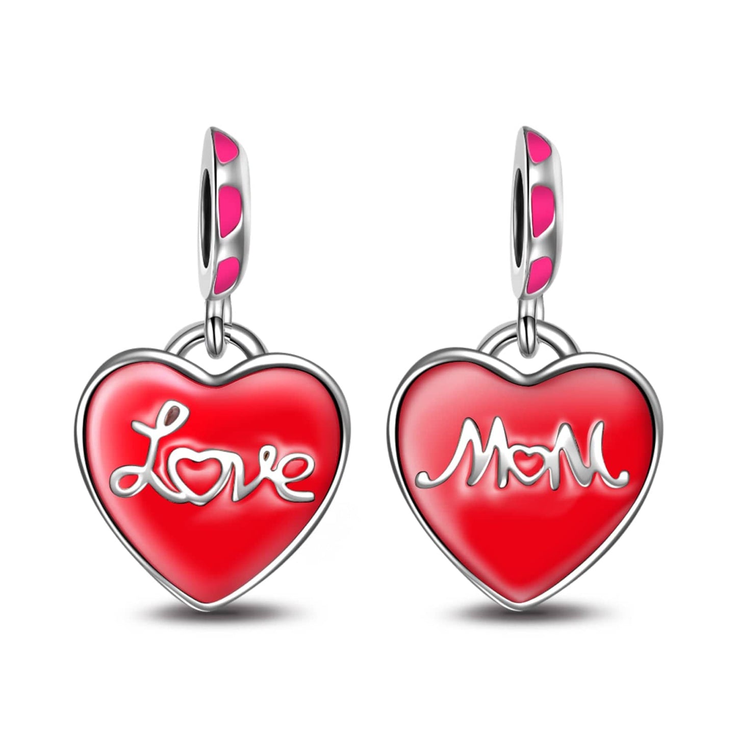 Sterling Silver Mother's Love Dangle Charms With Enamel In White Gold Plated