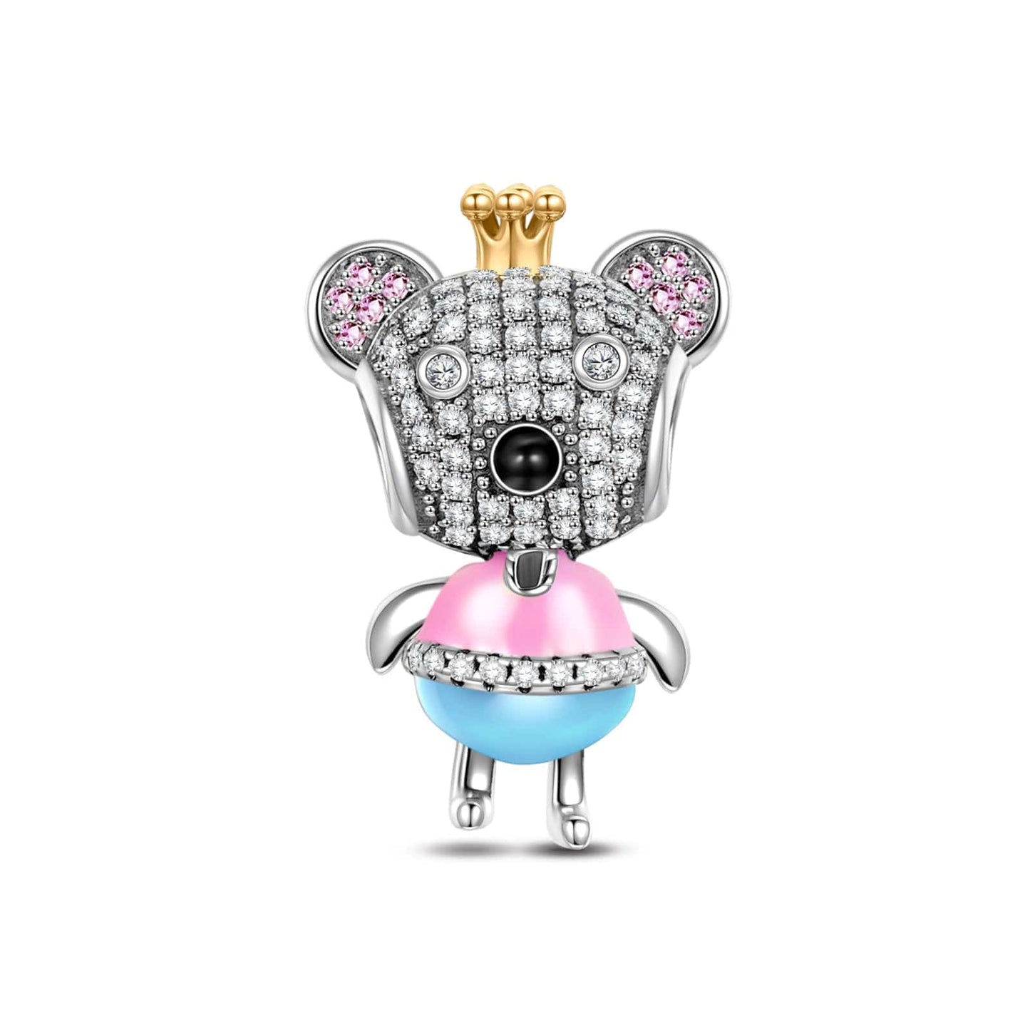 Sterling Silver PrIncess Bear Dangle Charms With Enamel In White Gold Plated