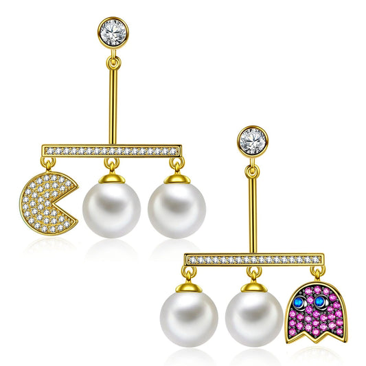 gona- Sterling Silver Pac Man Pearl Earrings In 14K Gold Plated