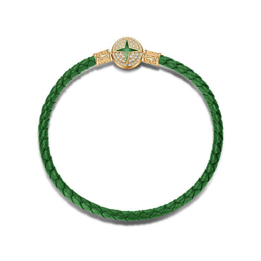 gona- Universal Polaris Green Leather Bracelet Tarnish-resistant Silver Bracelet With Enamel In 14K Gold Plated