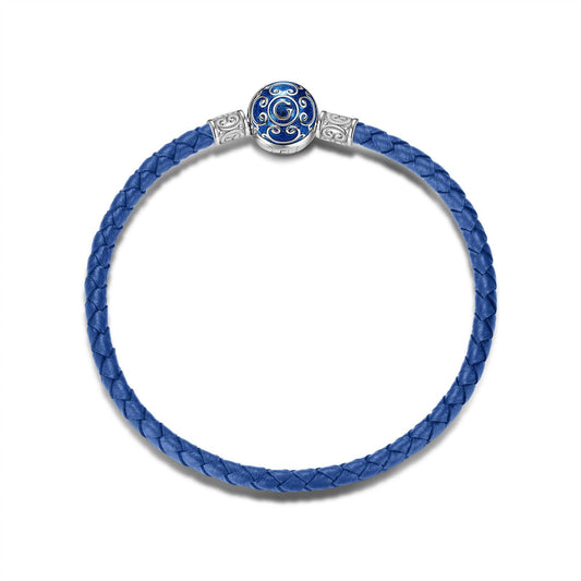 gona- Sterling Silver Universal Blue Leather Bracelet With Enamel In White Gold Plated
