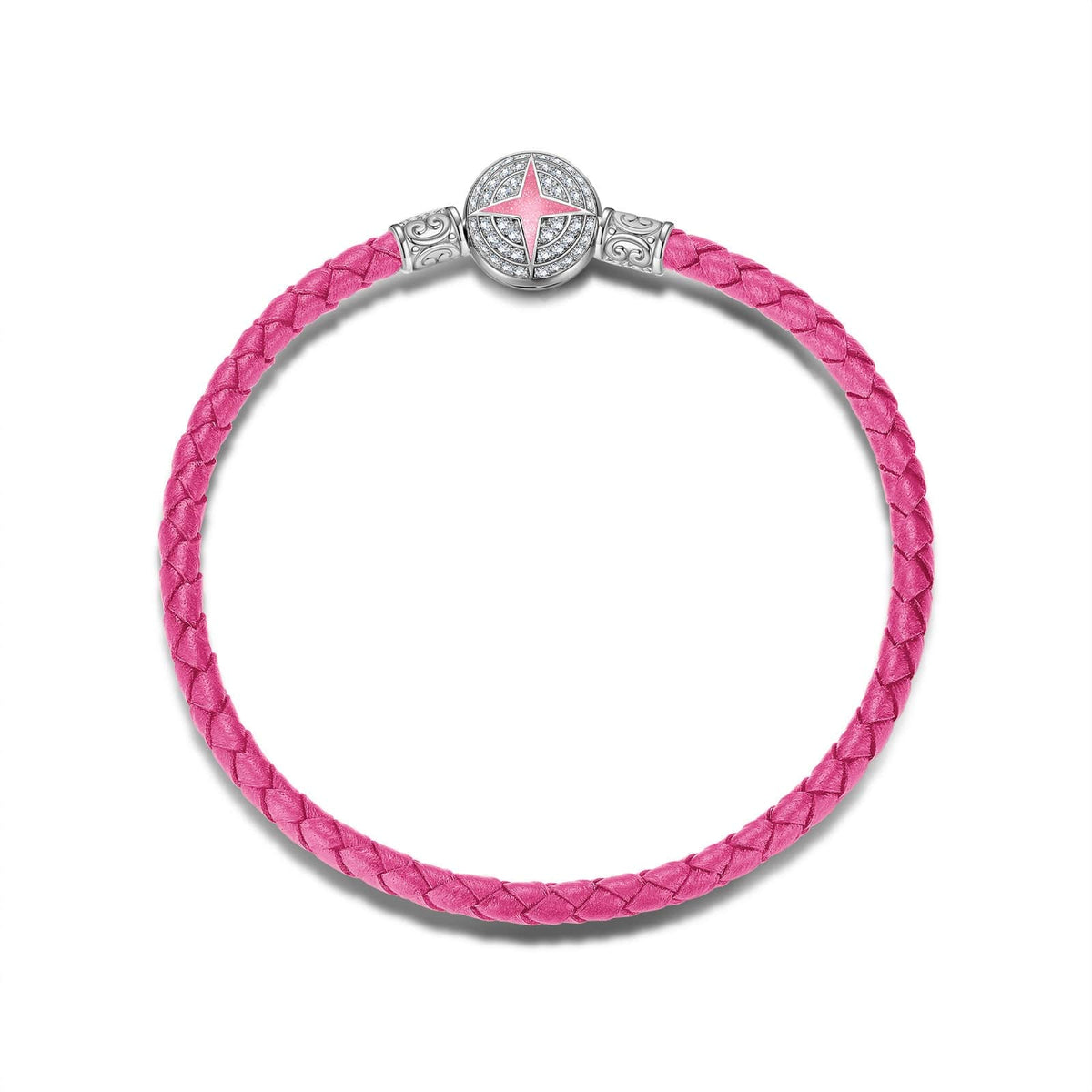 Sterling Silver Universal Polaris Pink Leather Bracelet With Enamel In White Gold Plated