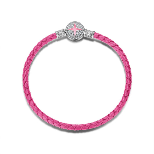 gona- Sterling Silver Universal Polaris Pink Leather Bracelet With Enamel In White Gold Plated