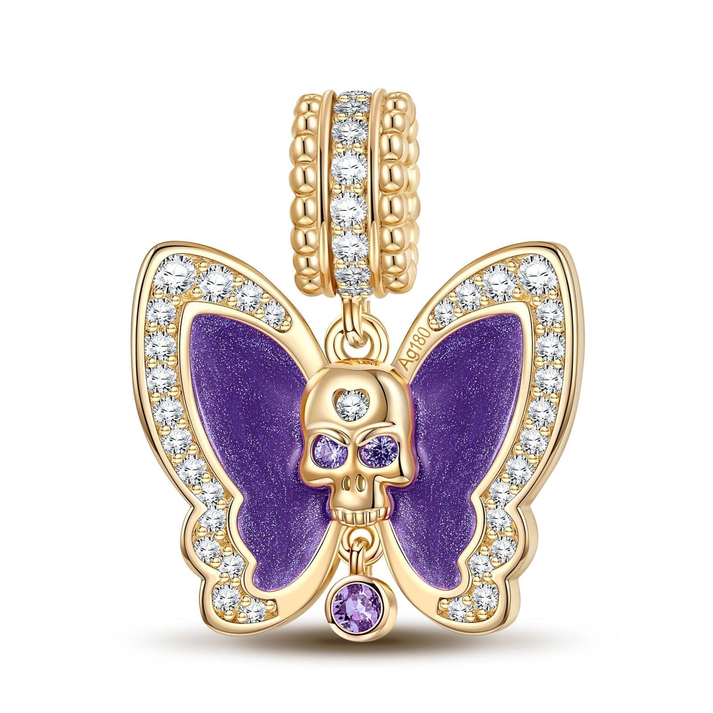 Skull And Purple Butterfly Tarnish-resistant Silver Dangle Charms With Enamel In 14K Gold Plated