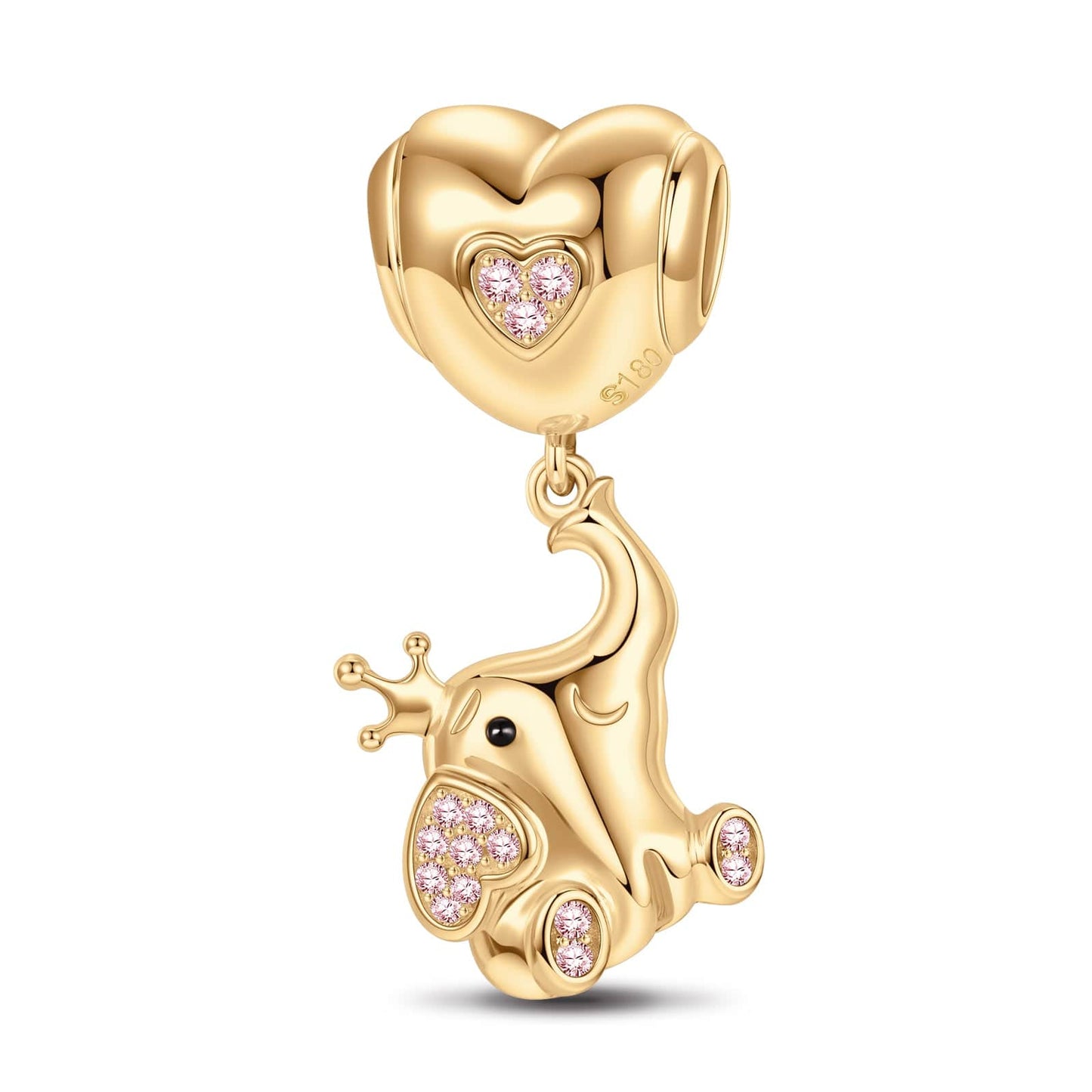 Pink Heart Elephant Tarnish-resistant Silver Animal Dangle Charms In 14K Gold Plated