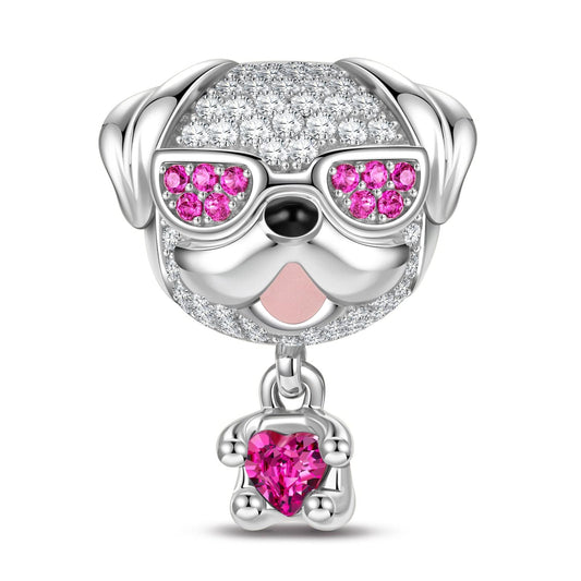 gona- Bulldog in Sunglasses Tarnish-resistant Silver Animal Dangle Charms With Enamel In White Gold Plated - Heartful Hugs Collection