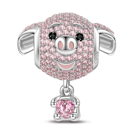 gona- Love Hug Piggy Tarnish-resistant Silver Animal Dangle Charms With Enamel In White Gold Plated - Heartful Hugs Collection