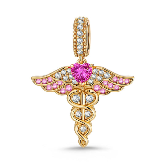 gona- Healing Caduceus Tarnish-resistant Silver Dangle Charms In 14K Gold Plated