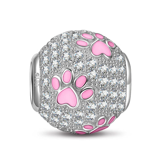 gona- Cute Pink Paws Tarnish-resistant Silver Charms With Enamel In White Gold Plated