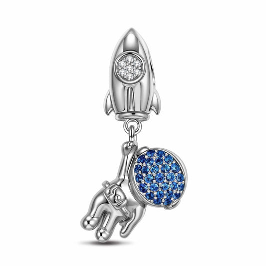 gona- Sterling Silver Astronauts And Rockets Dangle Charms In White Gold Plated
