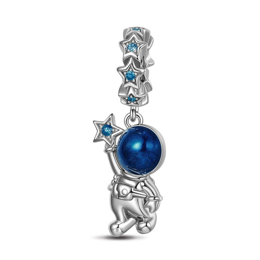 gona- Sterling Silver Astronaut Picking Stars Dangle Charms With Enamel In White Gold Plated