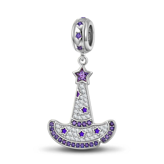 gona- Sterling Silver Purple Witch Hat Dangle Charms With Enamel In White Gold Plated