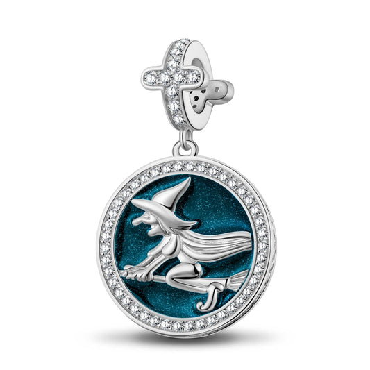 gona- Sterling Silver Witch On Broom Dangle Charms With Enamel In White Gold Plated