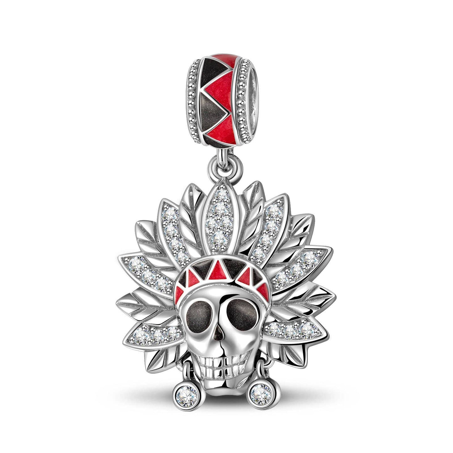 Sterling Silver Tribal Chief Skull Head Dangle Charms With Enamel In Blackened 925 Sterling Silver