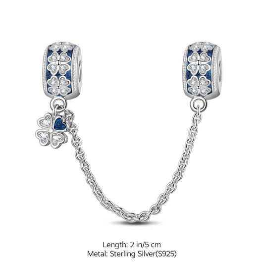 gona- Sterling Silver Four Leaf Clover Safety Chain With Enamel In White Gold Plated
