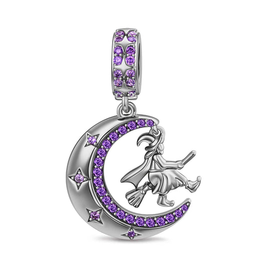 gona- Sterling Silver Moon and Witch Dangle Charms In Blackened 925 Sterling silver Plated