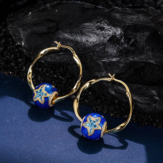 gon- [💥As @ginagoingsilver's Pick] Cute Blue Starfish Tarnish-resistant Silver Charms Earrings Set with Enamle M size Classic Hoop Earrings with Sterling Silver Ear Post In 14K Gold Plated