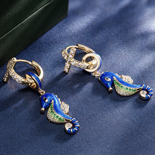 gon- [💥As @katstyle42's Pick] Sterling Silver Blue Seahorse Hoop Earrings With Enamel In 14K Gold Plated