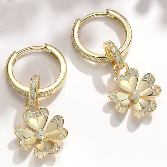 gona- Sterling Silver Lucky Clover Hoop Earrings In 14K Gold Plated