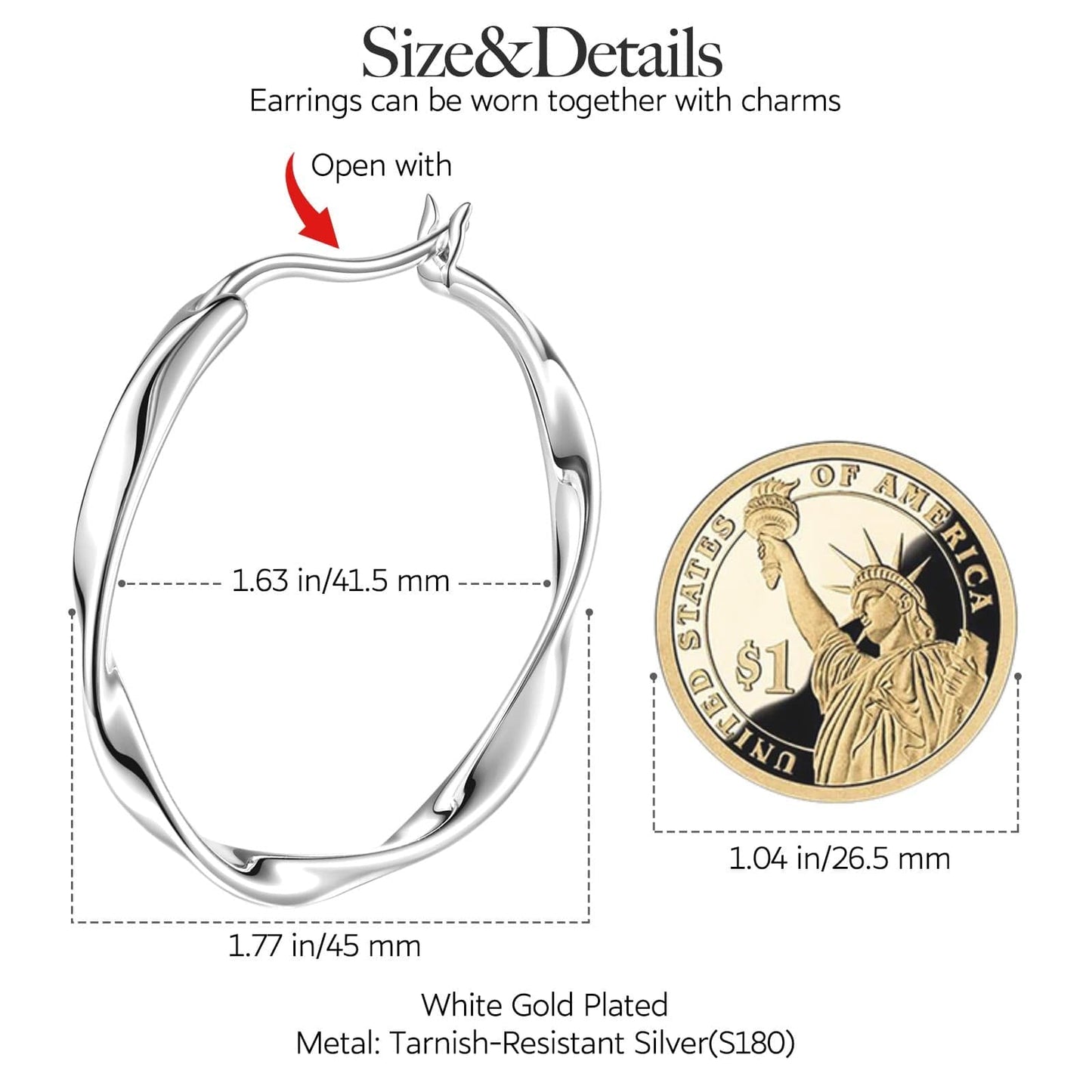 Summer Barbiecore Tarnish-resistant Silver Charms Earrings Set L size Classic Hoop Earrings with Sterling Silver Ear Post In White Gold Plated