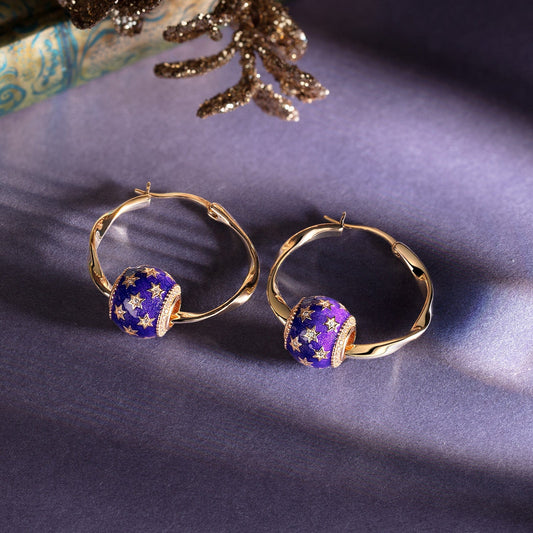 gon- Violet Starry Sky Tarnish-resistant Silver Charms Earrings Set L Size Classic Hoop Earrings with Sterling Silver Ear Post In 14K Gold Plated