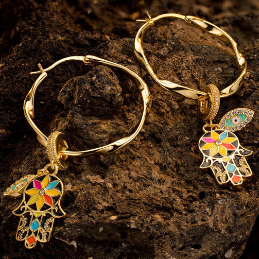gon- Lucky Hamsa Tarnish-resistant Silver Charms Earrings Set with Sterling Silver Ear Post With Enamel In 14K Gold Plated