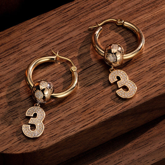 gona- Sterling Silver Number 3 Golden Football Charms Earrings Set In 14K Gold Plated