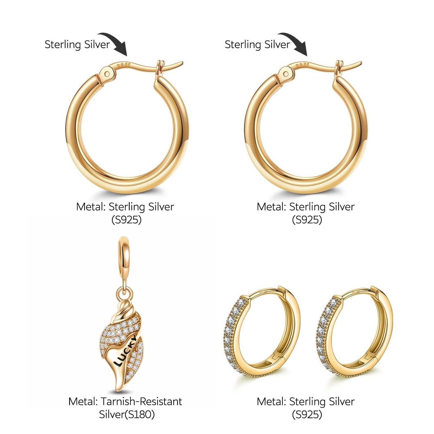 Sterling Silver Seashell Journey Charms Earrings Set With Enamel In 14K Gold Plated